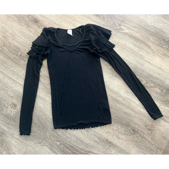 We the Free People On Rewind Ruffle Shoulder Black Long Sleeve Top Extra Small - Picture 2 of 6